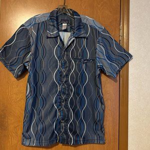 Vintage PATAGONIA Sz L Blue Swirl Button Down Short Sleeve Hawaiian Shirt